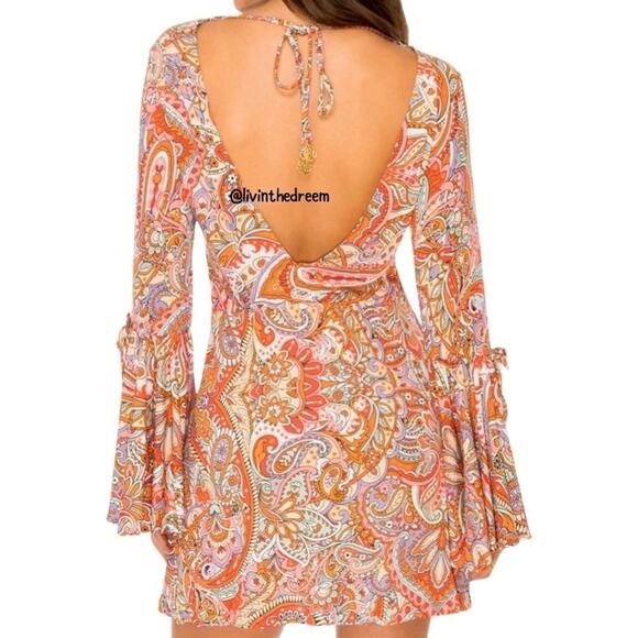 Luli Fama ANDALUZ V Neck Bell Sleeve Short Dress SZ L $145 - Picture 4 of 11